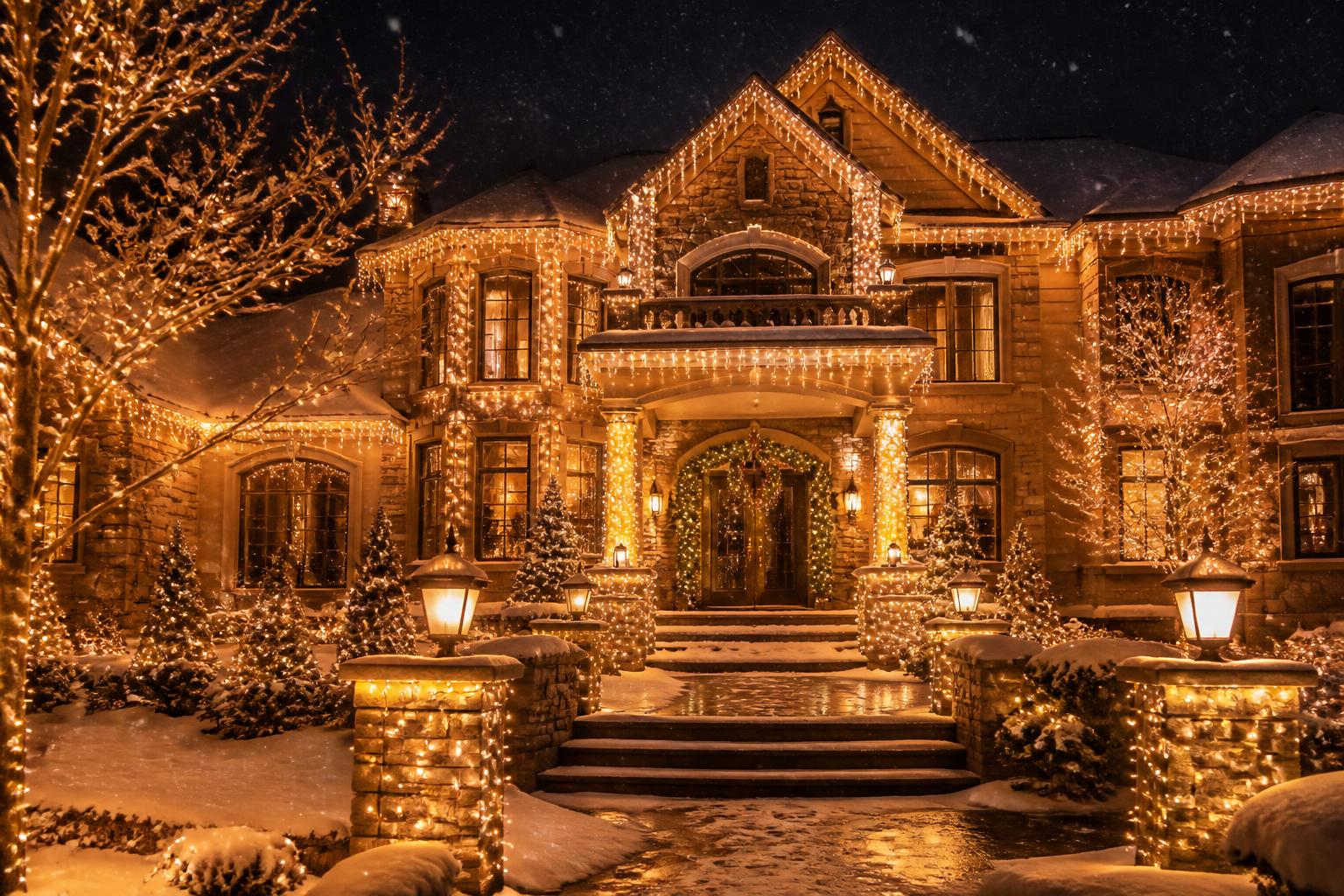 Luxury home with warm white holiday lights